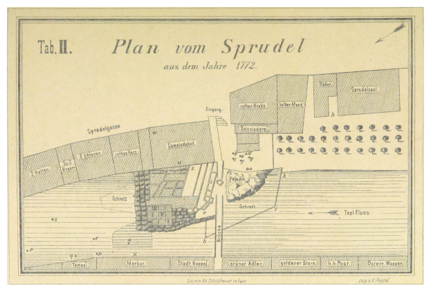 Ein Plakat mit einem detaillierten Plan von Spruidel, Deutschland, mit begleitendem Text, der zusätzliche Informationen über die Stadt liefert.