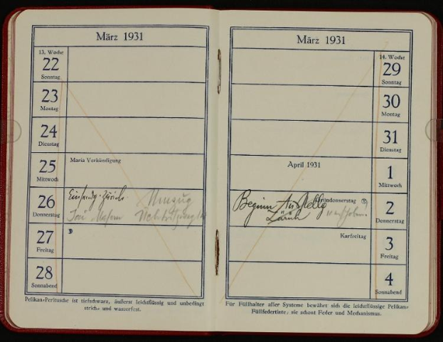 Öffne deutsches Tagebuch aus dem Jahr 1931 mit handschriftlichen Einträgen, das auf einem Kalender liegt.