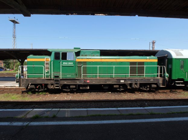 Ein grüner Diesel-Elektrolok auf Eisenbahnschienen unter einer Brücke, umgeben von Steinen, Gras, einem Pfad, Bäumen, Strommasten mit Drähten, einem Turm, Fahrzeugen und einem bewölkten Himmel.