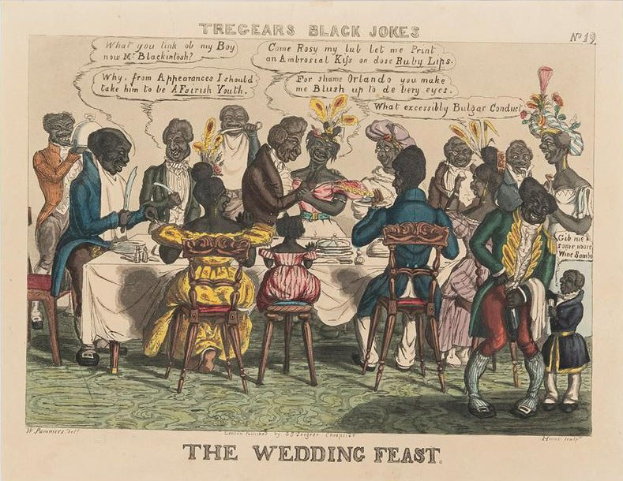 Eine Gruppe von Menschen in traditioneller afrikanischer Kleidung sitzt an einem Tisch bei einem Hochzeitsfest, mit Tellern, Gläsern und beschriebenem Papier.