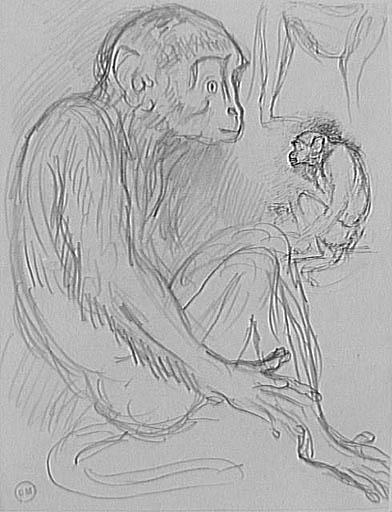 Eine Skizze eines hellbraunen Affen, der auf dem Boden sitzt und ein Baby in den Armen hält, mit geschlossenen Augen und einem sanften Gesichtsausdruck, während das Baby nach oben schaut und zufrieden lächelt.