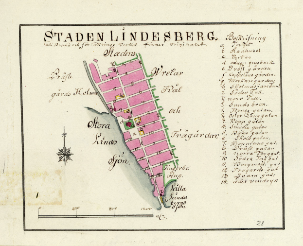 Ein detaillierter Stadtplan von Staden Lindesberg, Deutschland, der Straßen, Gebäude und Sehenswürdigkeiten mit Text darauf zeigt.