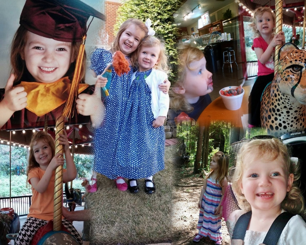 Ein Collage mit Vergnügungspark-Fahrgeschäften, einem Tisch mit Essensgegenständen einschließlich einer Tasse und Löffel, verschiedenen Gegenständen, Lichtern, einer Wand, Büschen, Bäumen, Gras, einem Seil und einem Hut.