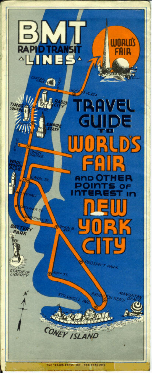 Ein Plakat mit einer Karte der Weltausstellung in New York, auf dem Text steht, der Informationen zur Ausstellung und ihren Attraktionen enthält.