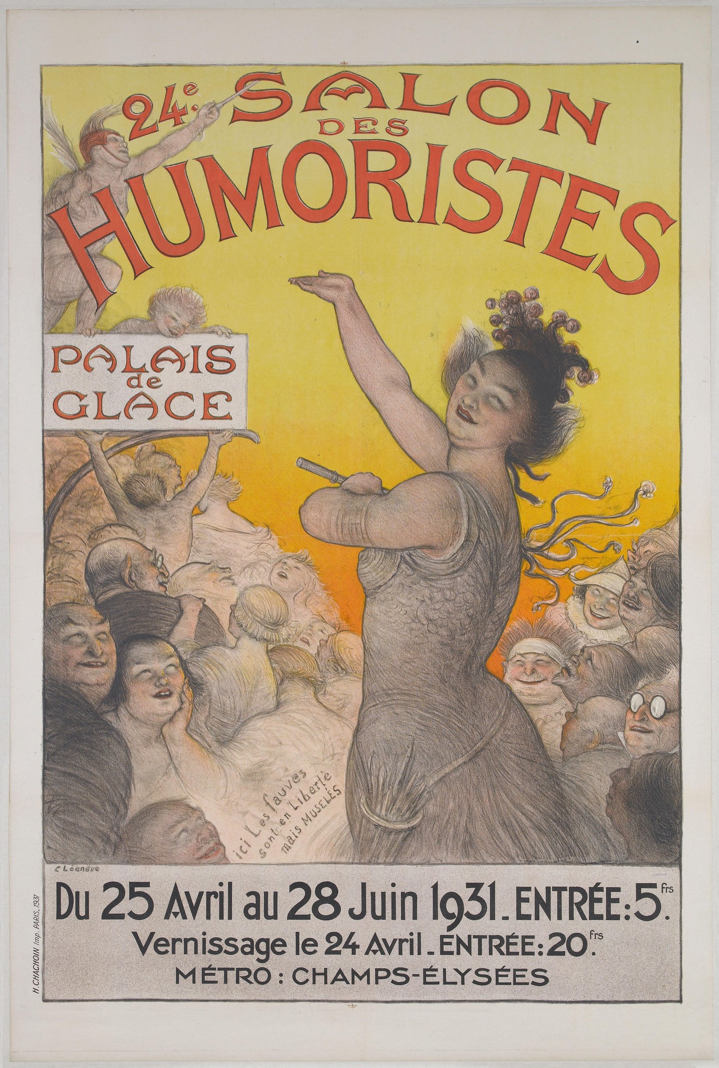 Plakat für den Salon des Humoristes in Paris mit einer Frau inmitten einer Menge und Ereignistext.