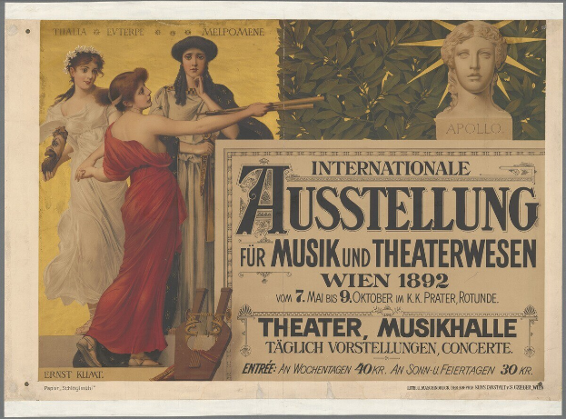 Plakat für die Internationale Ausstellung für Musik und Theaterwesen in Wien, Österreich, das eine Gruppe von Menschen in einem Kreis mit einer Frau, die ein Musikinstrument hält, in der Mitte und Text, der die Ereignisdetails angibt, zeigt.