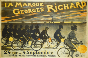 Ein Plakat, das ein Fahrradrennen in Paris, Frankreich, ankündigt, mit einer Gruppe von Radfahrern vor dem Eiffelturm und Text, der das Ereignis beschreibt.