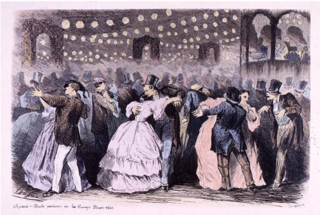 Eine Gruppe von Menschen, die in einem Ballsaal tanzen, mit beleuchteten Wänden und einem Text, der unten 'Madame Baille Nacional en la Campagne Bleuet, 1860' lautet.