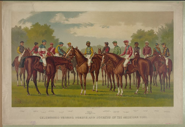 Eine Gruppe von Menschen, die auf einem grünen Feld mit Bäumen und einem blauen Himmel reitet, mit Text unten, der "Siegerpferde und Jockeys des American Turf feiern" lautet.