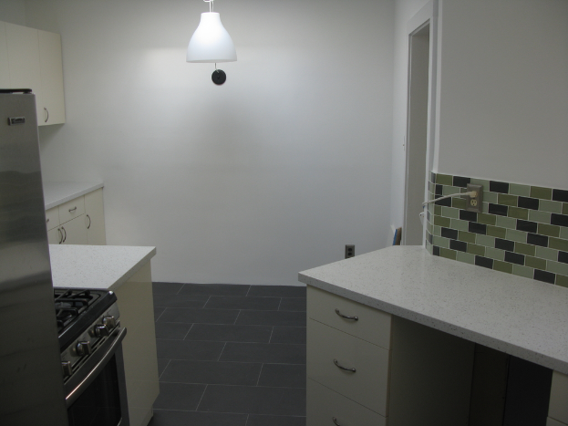 Eine Küchenzeile mit Schänken, einem Ofen, einem Gasherd, einem Kühlschrank und einer Leuchte.