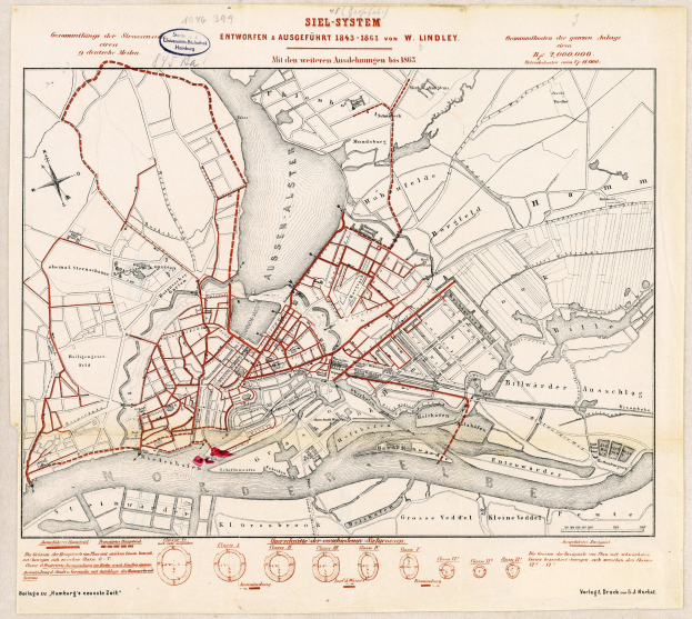Ein altes Stadtplan von Hamburg, Deutschland, mit roten Linien, die die Siel-System-Route markieren, auf einem Papier mit handgeschriebener Text.