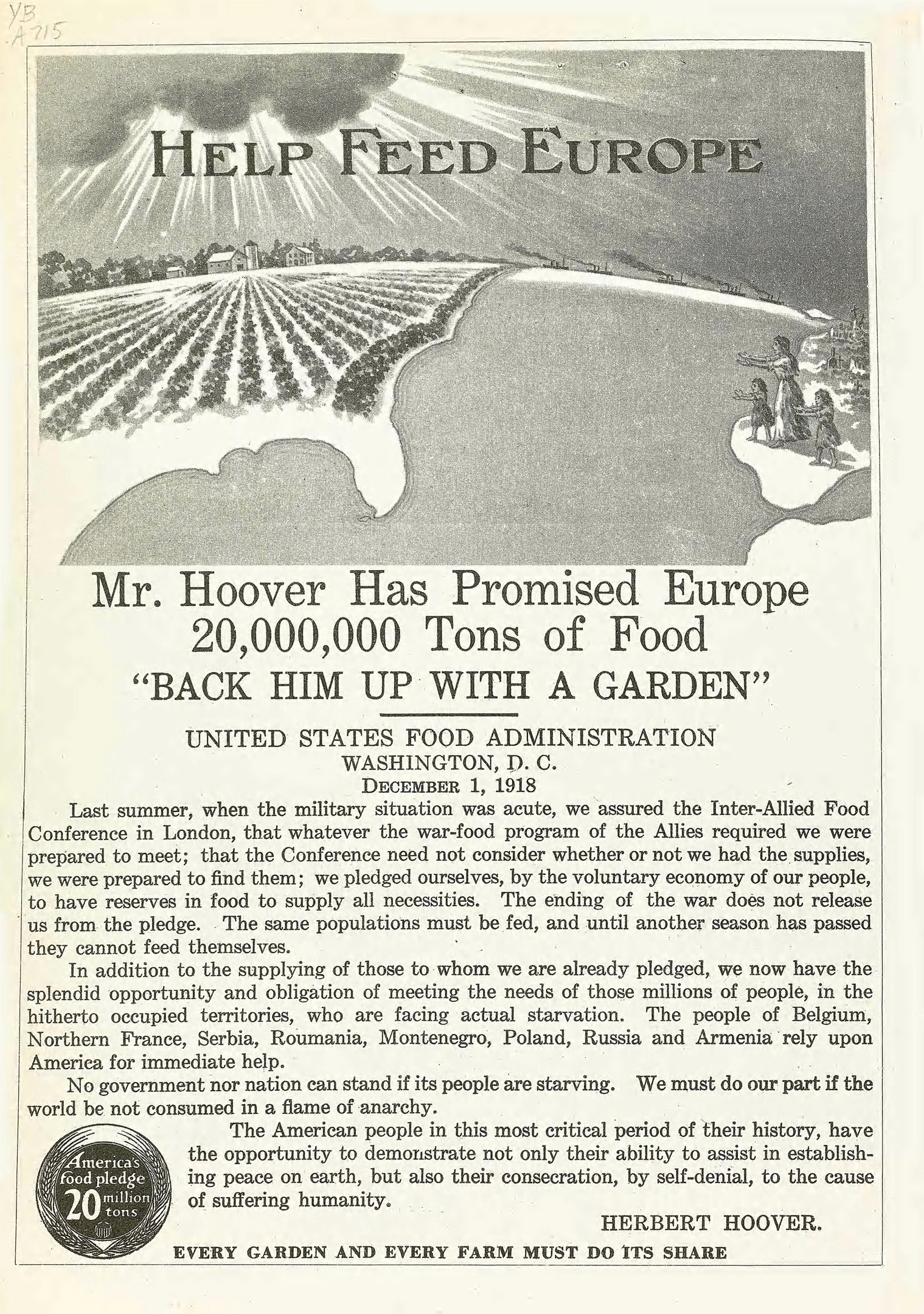 Plakatwerbung für die Initiative von Herrn Hoover zur Förderung Europas, mit Text und Abbildung.