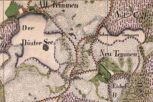 Ein detaillierter alter Stadtplan von Düsseldorf, Deutschland, der Straßen, Gebäude, Sehenswürdigkeiten und Text mit Informationen zur Bevölkerung, Bevölkerungsdichte und Lage zeigt.