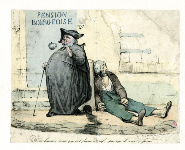 Cartoon of a distressed man sitting on the ground holding a stick next to a concerned woman, with a wall featuring text in the background.