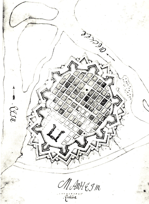 Schwarze und wei├če Stadtkarte mit einem zentralen Platz und handgeschriebenen Details über das Layout und die Merkmale.