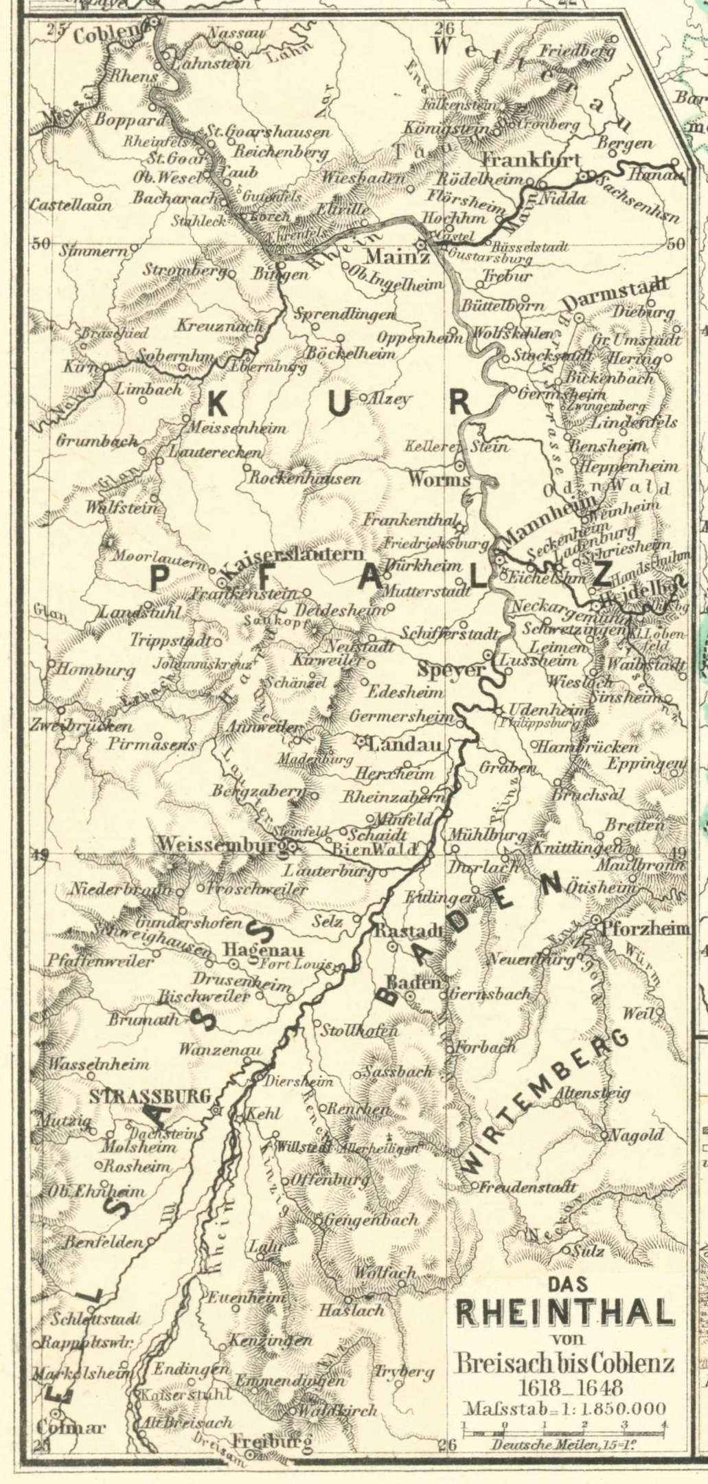 Ein detaillierter alter Plan des Rheins in Deutschland, der Flüsse, Städte und Gewässer zeigt, mit Text oben und unten, der geografische Informationen bereitstellt.