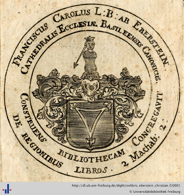 Ein Buchumschlag mit einem Wappen, das einen gekrönten Schild, einen Lorbeerkranz und ein Banner mit der Aufschrift "Bibliothek" sowie das Wort "Bibliotheken" darunter zeigt.