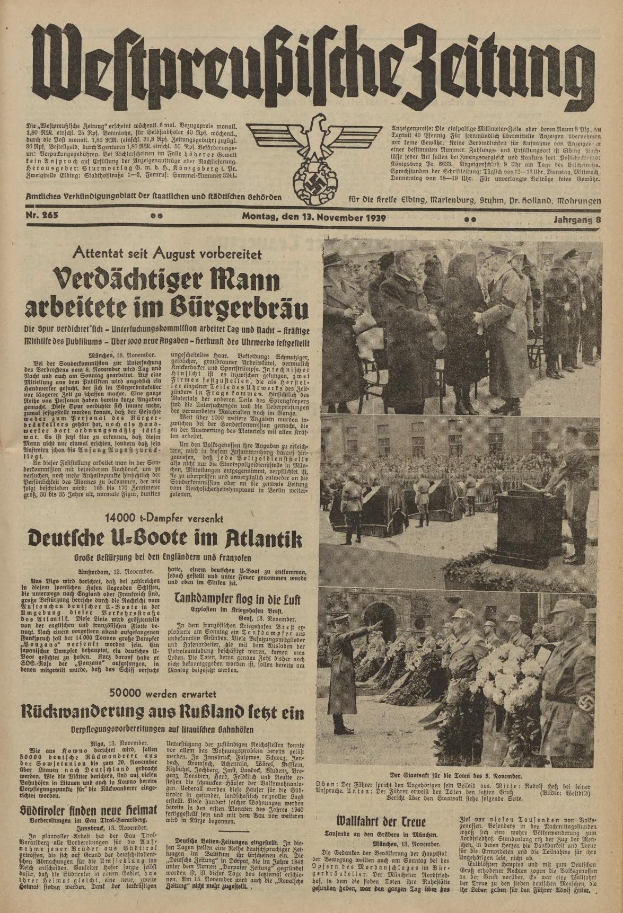 Schwarze und weiße Titelseite einer deutschen Zeitung vom 13. November 1939 mit der Überschrift 'Weitpreubliche Zeitung', die eine Gruppe von Menschen in traditioneller deutscher Tracht zeigt.