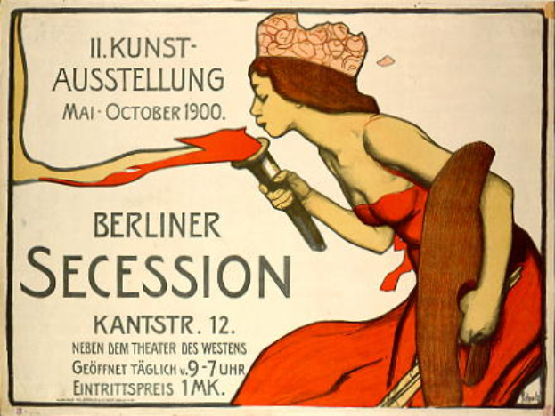 Ein Plakat aus dem Jahr 1900, das eine Berliner Secession ankündigt und eine Frau in rotem Kleid zeigt, die ein Objekt hält, mit Text, der wahrscheinlich Informationen zur Secession enthält.