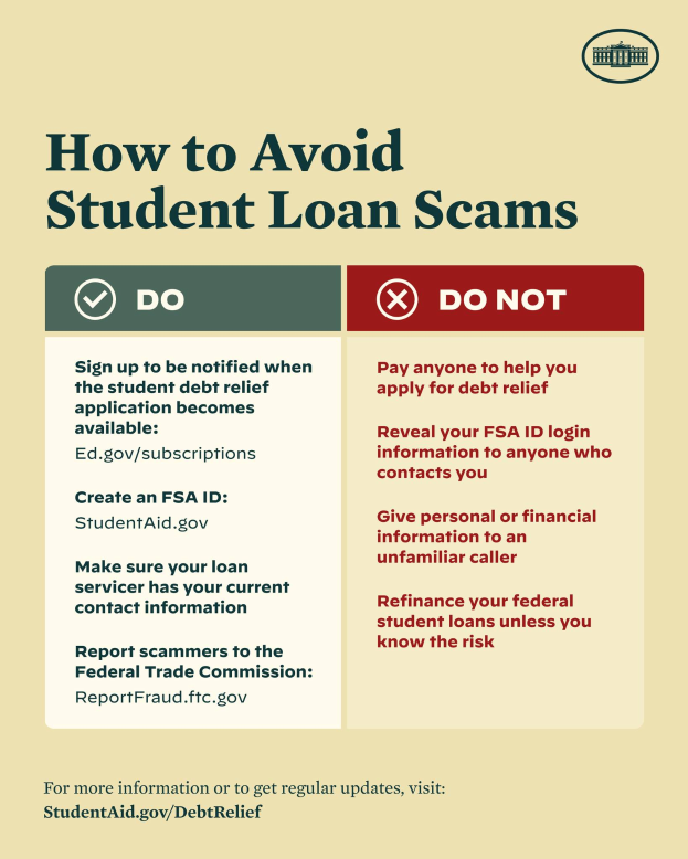 Ein buntes Plakat mit einem blauen Hintergrund und weißer fetter Schrift, betitelt mit "Wie man Studentenkreditschwindeleien vermeidet", mit einer kleinen Illustration eines Studenten mit einem Vergrößerungsglas in der oberen rechten Ecke und einer Liste von Schritten, um Schwindeleien zu vermeiden.