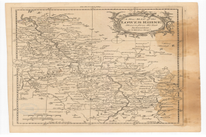 Ein detailliertes altes Kartenbild des Niederrheins, das Flüsser, Gebirge und Städte mit Text in einer klassischen Schriftart zeigt.