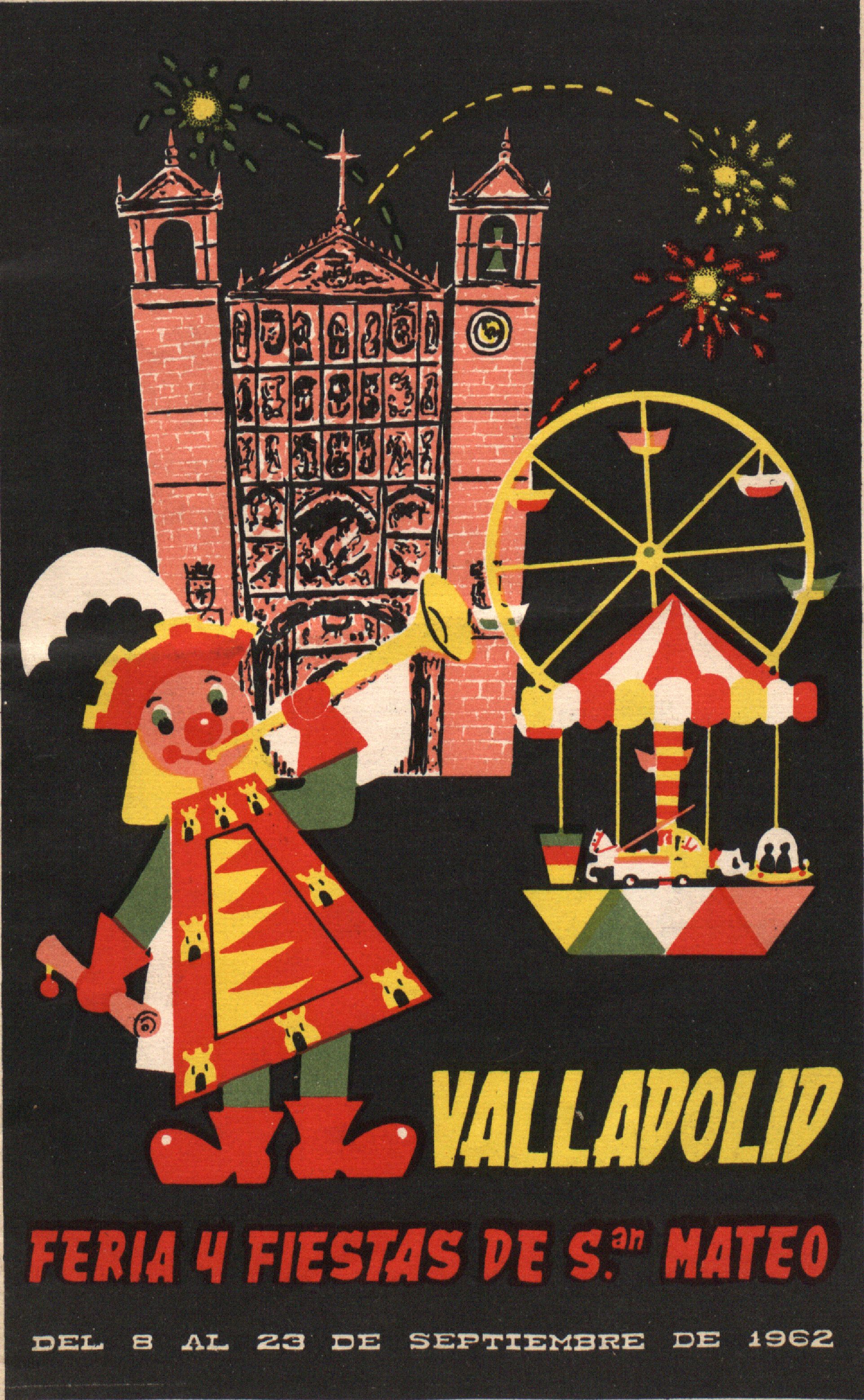 Ein buntes Karnevalplakat mit einem Gebäude, einem Riesenrad, einem Spielzeug und Text, das eine Karnevalsveranstaltung in Valladolid, Spanien, ankündigt.