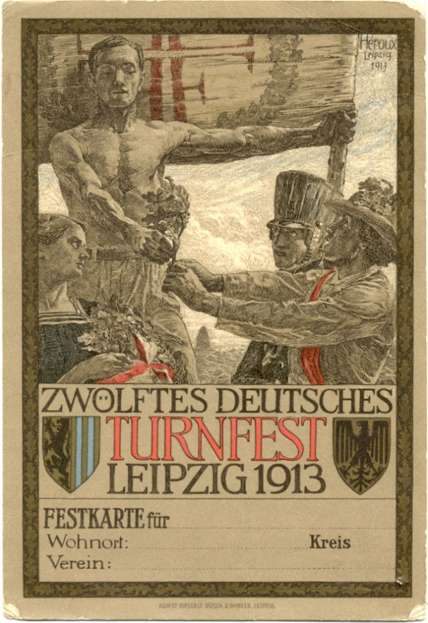 Plakat für das Zwölfte Deutsche Turnfest Leipzig 1913, das eine zentrale Gruppe von Menschen mit Text zu den Ereignissen zeigt.