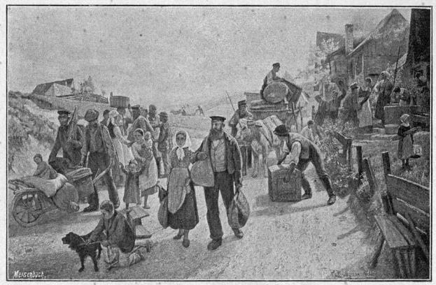 Eine Gruppe von Menschen, einige mit Taschen und einer auf einem Pferdewagen sitzend, geht eine Schotterstraße entlang mit einem Hund, Häusern im Hintergrund und Text unten lesend "Deutsche Flüchtlinge in Deutschland".