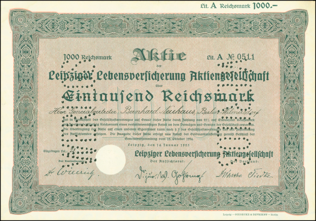 Ein altes deutsches Wertpapier mit schwarzem Rand und gedrucktem Text.