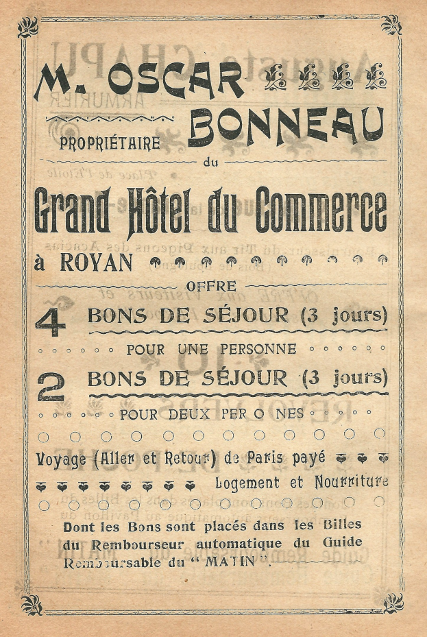 Werbung für das Grand Hotel du Commerce in Paris mit Texten, die die Hoteldienstleistungen hervorheben.