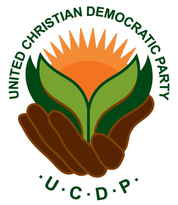 Logo der Vereinigten Christdemokratischen Partei (UCDP): eine Hand, die eine leuchtend gelbe Blume mit einem grünen Stiel und Blättern hält, in der Mitte eines blauen und gelben Kreises auf einem weißen Hintergrund, mit "UCDP" in fetter schwarzer Schrift darunter.