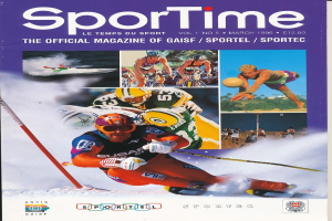 Ein Magazin-Cover mit der Aufschrift "Sporttime Magazine - März 1996", das Bilder von Skifahren und Snowboarden sowie Text und Logos zeigt.