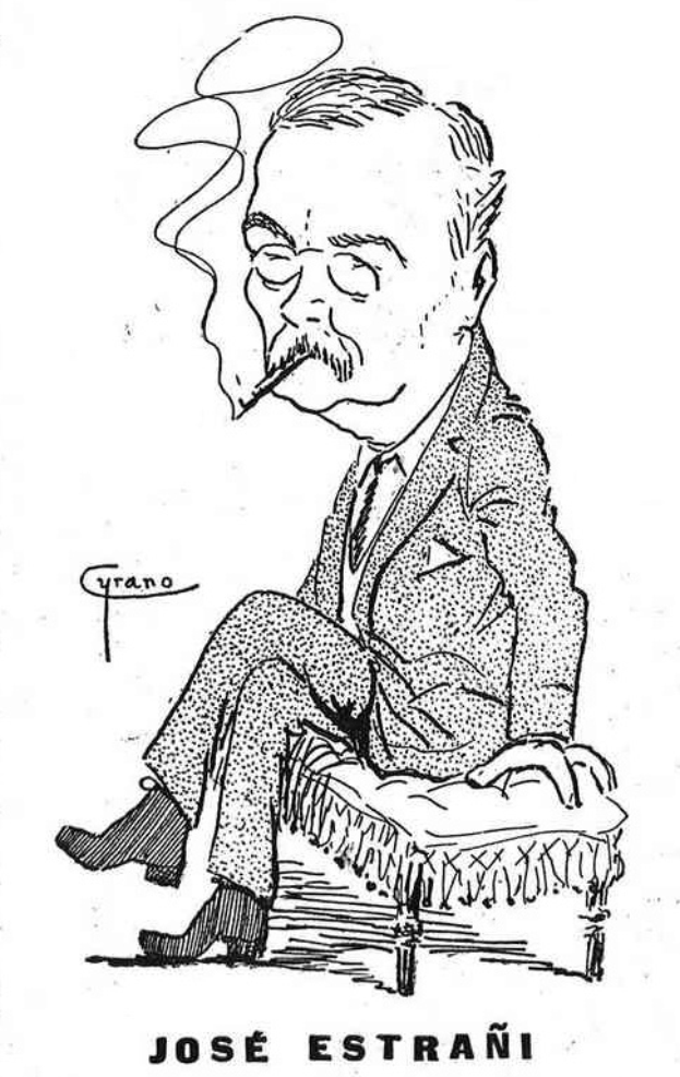 Eine Karikatur von Jose Estraní, ein Mann in einem Anzug mit einer Zigarette im Mund, der auf einem Stuhl sitzt und einen ernsten Gesichtsausdruck hat, mit spanischem Text unten.