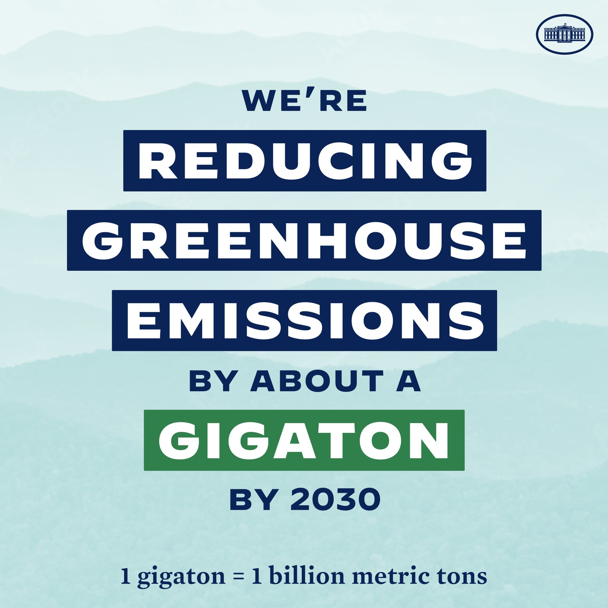 Plakat mit Text und Logo, das 'Wir reduzieren die Treibhausgasemissionen um etwa eine Gigatonne bis 2030' verkündet.