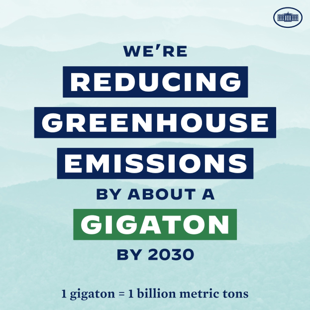 Plakat mit Text und Logo, das 'Wir reduzieren die Treibhausgasemissionen um etwa eine Gigatonne bis 2030' verkündet.