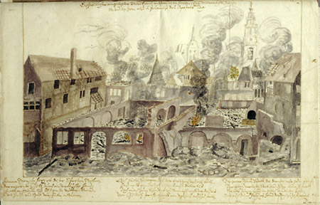 Ein altes Buch mit einer detaillierten Illustration einer Stadt in Trümmern, das die Nachwirkungen der Belagerung von Leipzig zeigt, mit zerstörten Gebäuden, Rauch und Text.