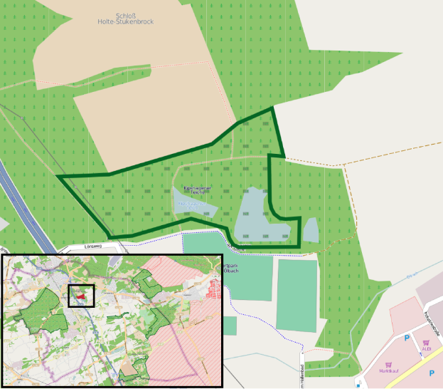 Eine Stadtkarte mit einem grünen Bereich in der Mitte, die einen geplanten Standort zeigt, und Text, der die Grenzen von Gebäuden, Straßen und anderen Stadtmerkmalen beschreibt.