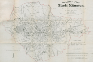 Ausführliche Karte von Stadt Münster, Deutschland, von 1873 mit Textanmerkungen, die den Aufbau der Stadt zeigen.