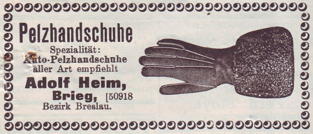 Eine alte deutsche Visitenkarte mit einem Bild von einem Paar Handschuhe und Text, der den Inhalt der Karte beschreibt.