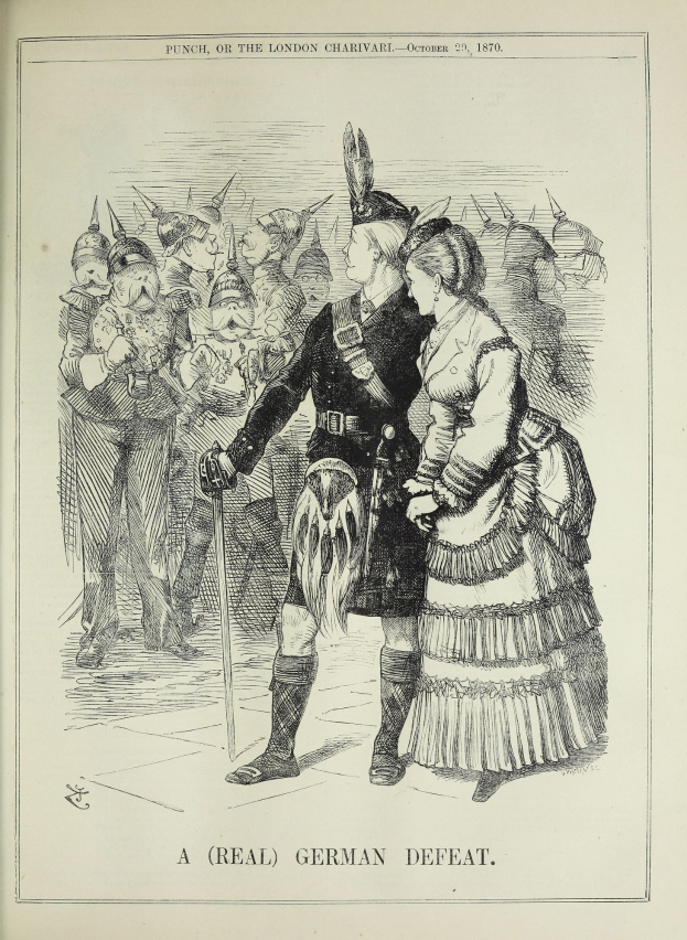 Zwei Personen stehen vor einer Menge, der Mann hält einen Stock, auf einem Papier mit Text und Zahlen, die eine deutsche Niederlage anzeigen.