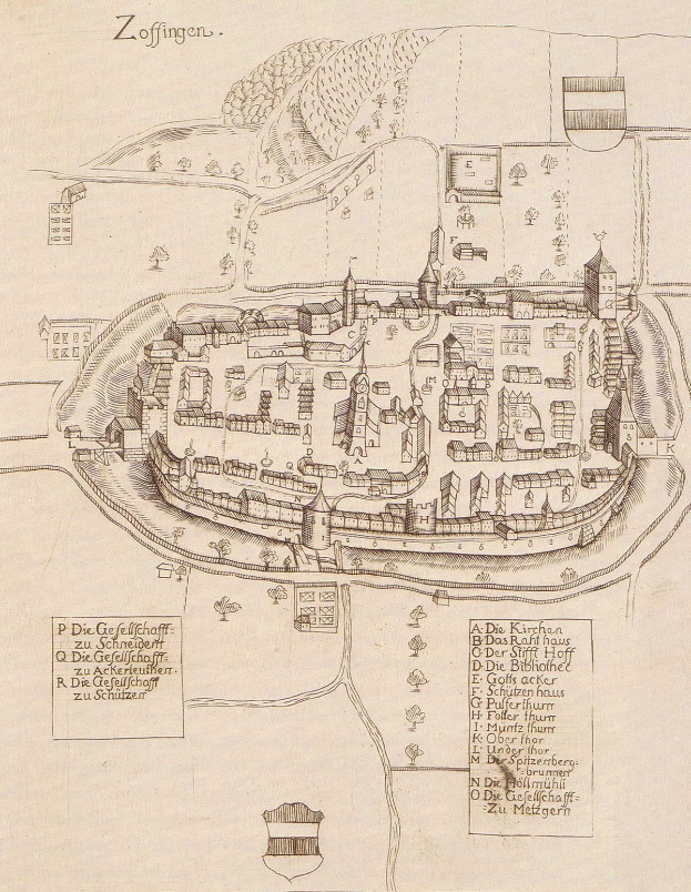 Ausführliche alte Karte von Zoffingen, Deutschland, zeigt Straßen, Gebäude, Bäume und Text auf altem Papier.