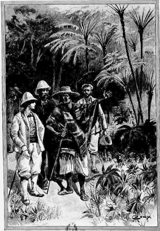 Eine Schwarz-Weiß-Illustration einer Gruppe von Menschen in traditioneller Kleidung, die durch einen üppigen Wald gehen, mit dem Text "Die Rückkehr des Königs des Dschungels" unten.