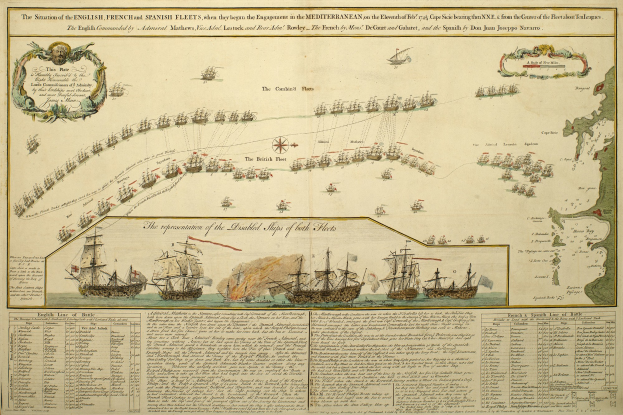 Ein Blatt Papier mit einer Karte der britischen und spanischen Flotte im Mittelmeer, mit mehreren Schiffen im Hintergrund und begleitendem Text, der die Schiffe detailliert beschreibt.