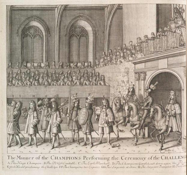 Eine Zeichnung einer Gruppe von Menschen, einige zu Pferd, vor einer Menge und einem Gebäude, mit Text unten, der "Die Art und Weise, wie die Champions die Herausforderung durchführen" liest.