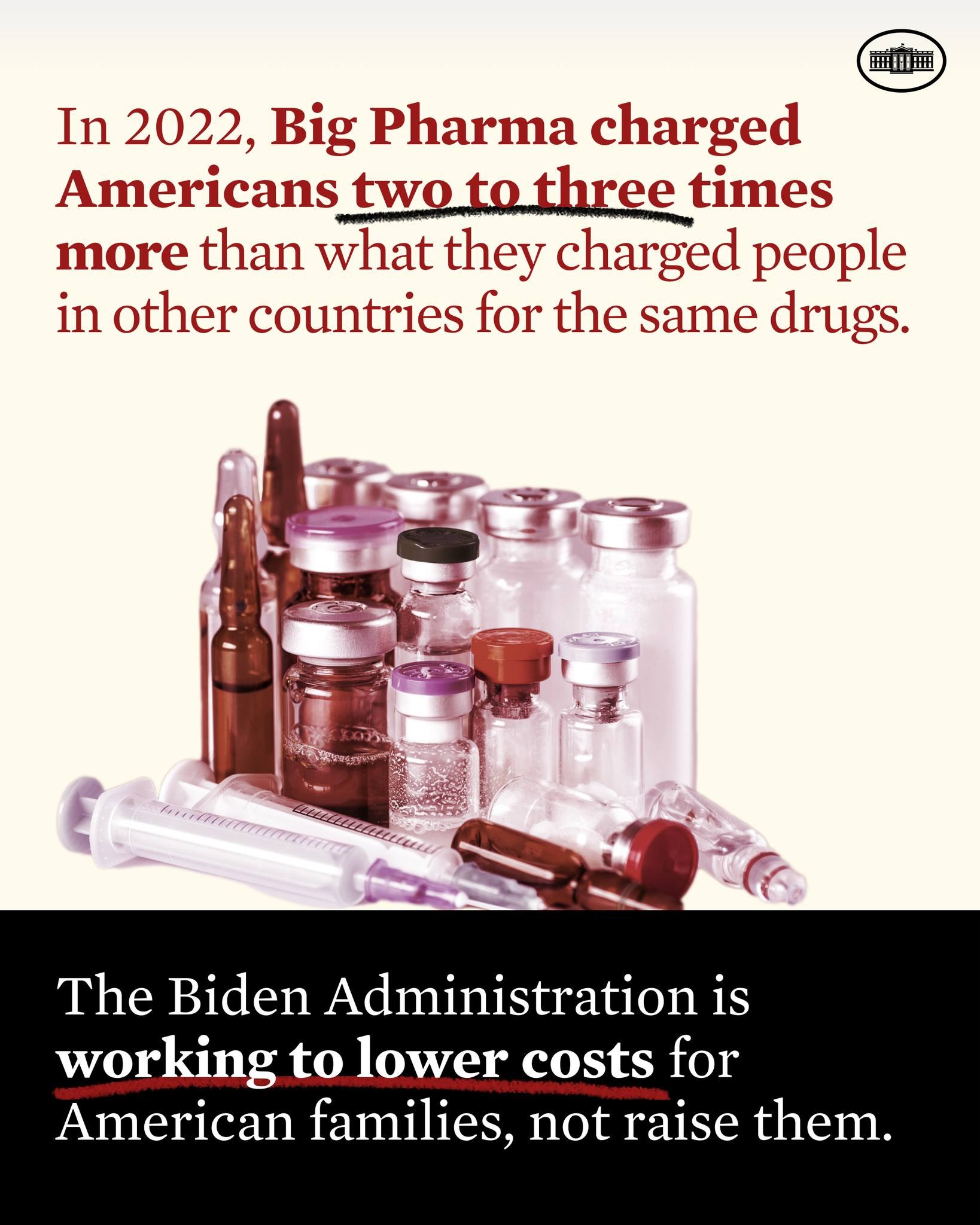 Plakat, das zeigt, dass Big Pharma 2022 Amerikaner zwei bis drei Mal so viel wie andere L├Ąnder für dieselben Medikamente berechnet hat, mit Bildern von Medikamentenflaschen und einer Spritze.