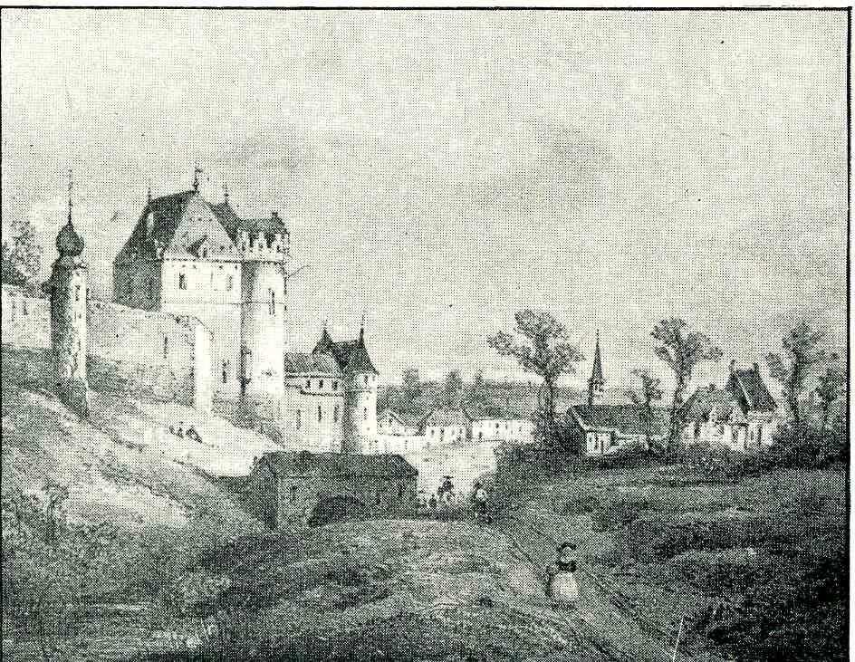 Schwarze und weiße Zeichnung einer Burg in einem Feld mit Bäumen und Häusern, beschriftet mit "Bayerische Burg in Deutschland" unten.