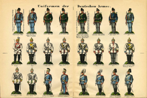 Ein Buch, das eine Vielfalt bunter deutscher Armee-Uniformen mit detaillierten Elementen wie Helmen und Gewehren zeigt.