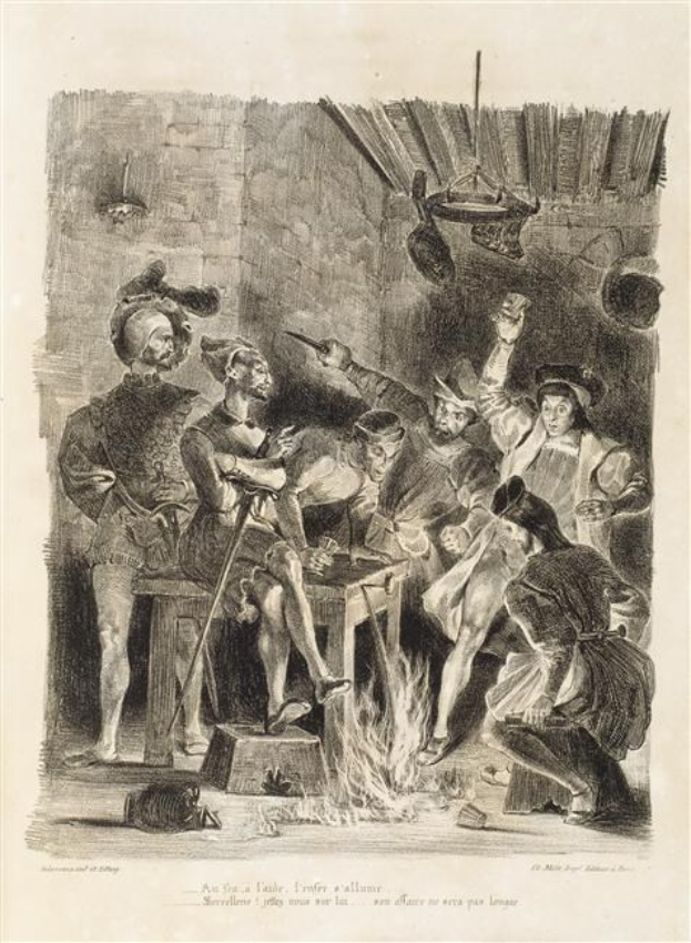 Schwarz-weißes Gravurabbild einer Gruppe von besorgten Menschen, die sich um ein Feuer scharen, wobei einige am Boden liegen und andere stehen, mit einer Wand im Hintergrund; Text unten lautet "Der Tod des Königs von England."