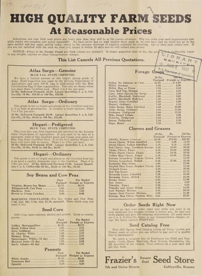 Ein altes Buch mit einer Liste von hochwertigen Farm-Saatgut zu vernünftigen Preisen von Frazier's Seed Store in Coffeyville, Kansas, aus dem Jahr 1927.