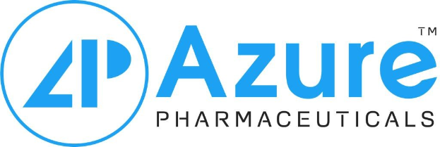 Das Bild zeigt das Azure Pharmaceuticals-Logo auf einem weißen Hintergrund, das den Unternehmensnamen in fetter schwarzer Schrift innerhalb eines blauen Kreises mit weißer Umrandung zeigt.